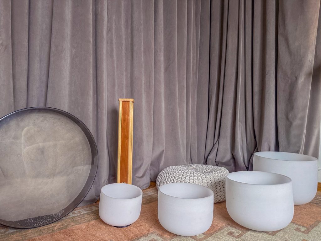 Crystal singing bowls, frame drum and koshi chime at Word of Mouth