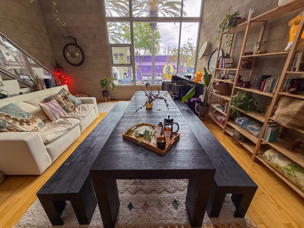 The Word of Mouth Sanctuary with tea tray, grand piano and gong