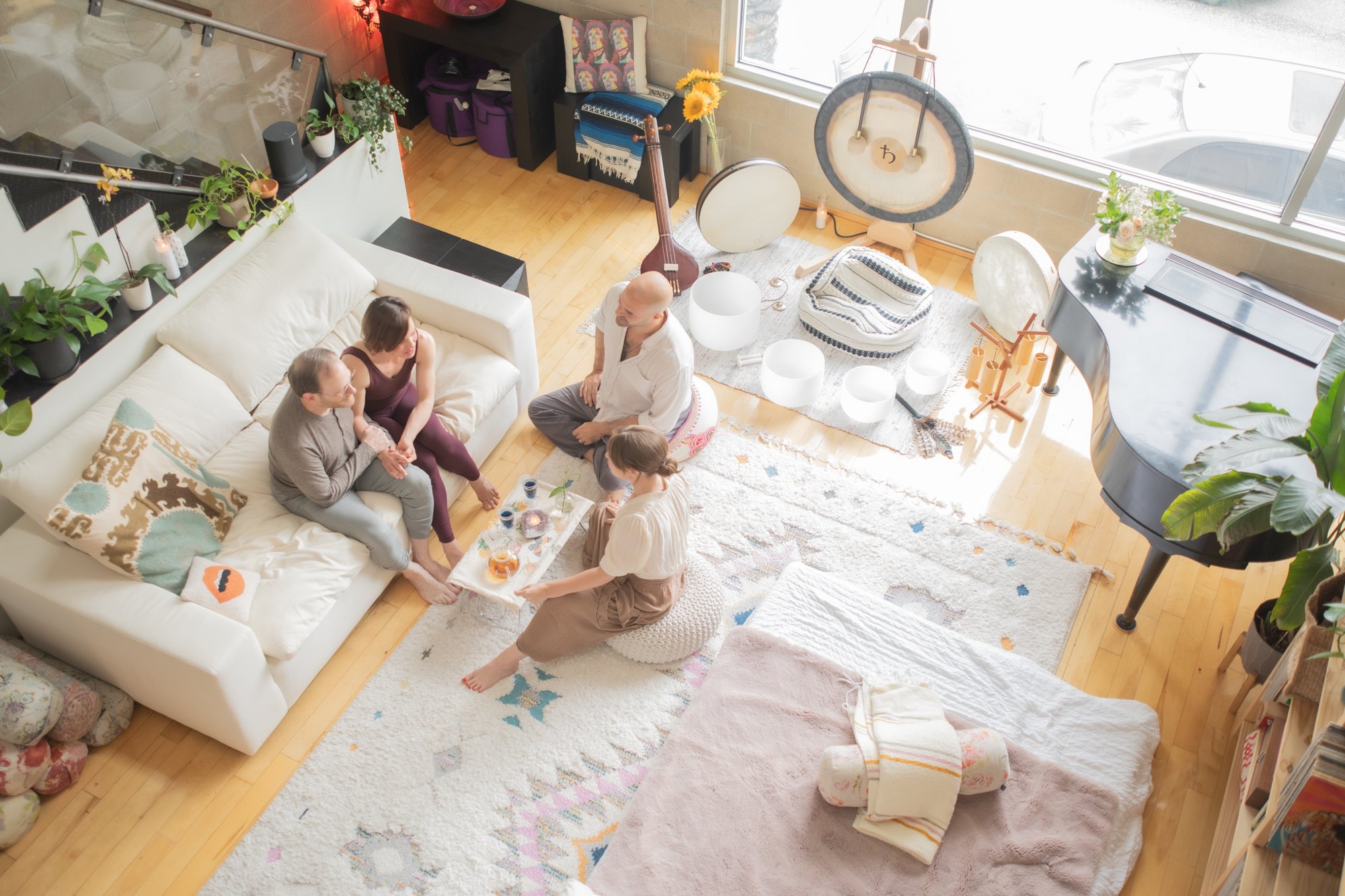 Overhead view of a coaching session in the Word of Mouth Sanctuary loft, Los Angeles